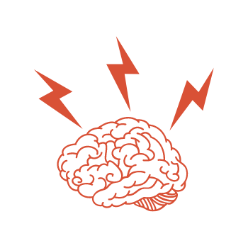 This red illustration of a brain with "idea bolts" of lightning represents the thoughtful collaboration necessary to achieve great content.