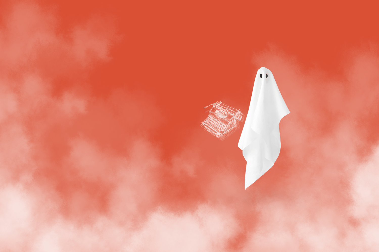 Ghost and typewriter surrounded by mysterious smoke on an orange background—it's a ghostwriter!